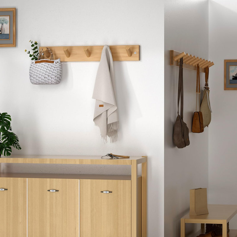 Porte-manteau mural, 5 crochets, bambou, style Shaker, crochets en bois pour fixation murale, finition peinte, naturel