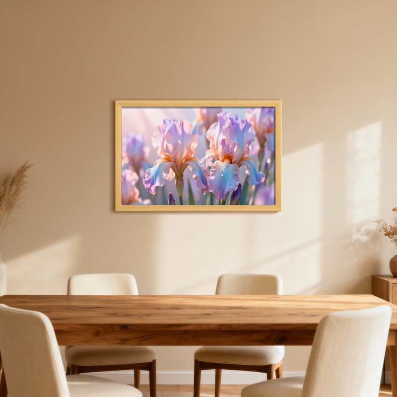 Plantes et fleurs fleurs d'iris pastel avec gouttes de rosée, Reproduction encadrée d'une seule photo sans pass