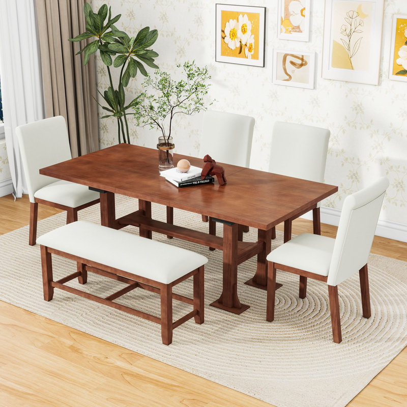 Charmant 6-Piece Extendable Dining Table Set with Removable Leaf, Dining Chair and Bench, Dark Brown, Beige, Beige