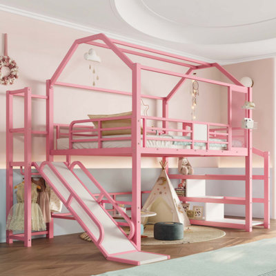 House Loft Bed With Slide And Stairs, Playhouse Bed With Storage Shelves, House-Shaped Roof And Noise-Free Design