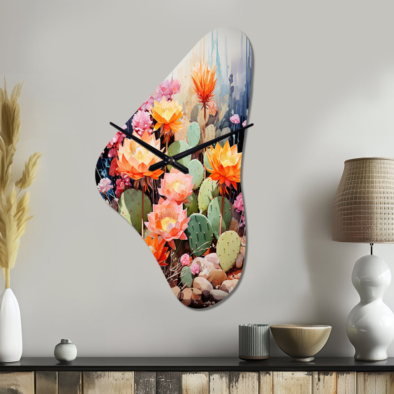 Horloge murale asymétrique en métal Peach Green Cactus, Grand