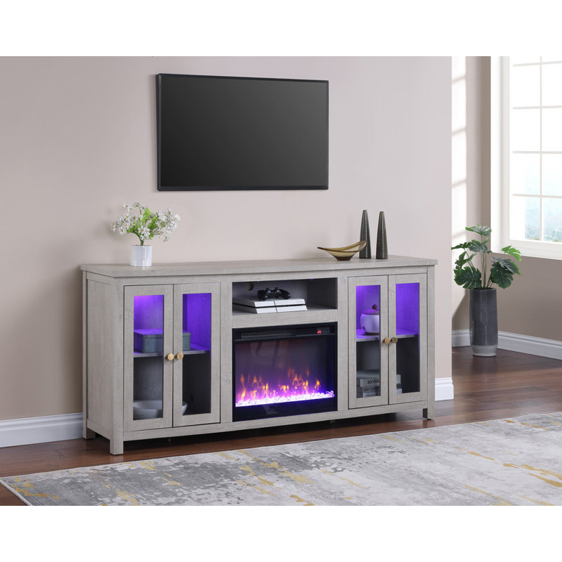 Meuble télé avec foyer chauffant, lumière DEL, armoires, tablettes Emerson, Gris