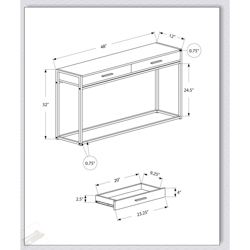 Console étroite en stratifié gris avec tiroir de rangement et base en métal durable, parfaite pour les entrées et les petits espaces.