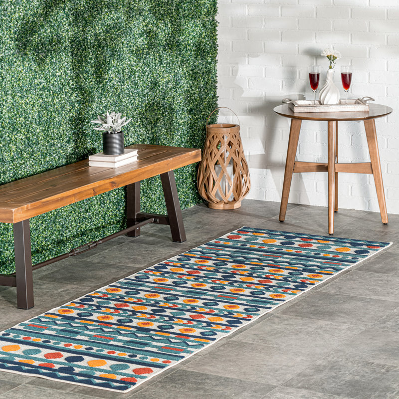 Tapis intérieur / extérieur bleu / jaune Weatherby Ikat, Tapis de couloir 2 pi 6 po x 8 pi