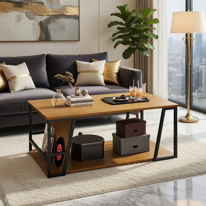 Hommoo Industrial 2-Tier Rectangle Coffee Table with Storage Shelf & Side Compartment, Engineered Wood & Metal Frame, Natural & Black