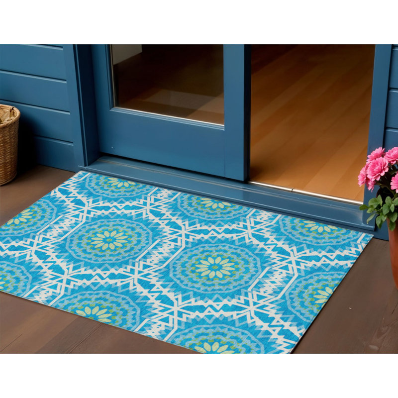 Tapis extérieur lavable à motif médaillon ivoire et bleu ciel 3 pi x 5 pi