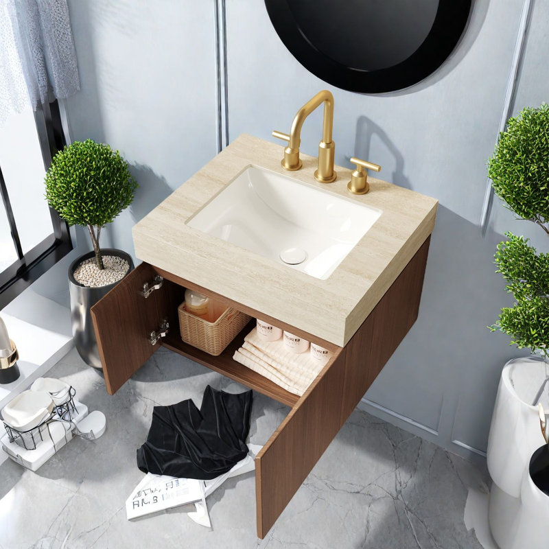 Meuble-lavabo flottant et lavabo, petite salle de bain moderne en pierre de contreplaqué