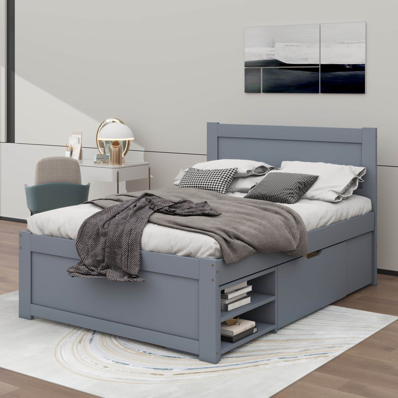 Un lit plateforme avec un tiroir et deux tablettes intégrées, Double, gris