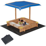Wooden Sandbox With 2 Plastic Boxes, Outdoor Sand Box With Bottom Liner, Adjustable Height & Rotatable Canopy, Anti-Collision Design