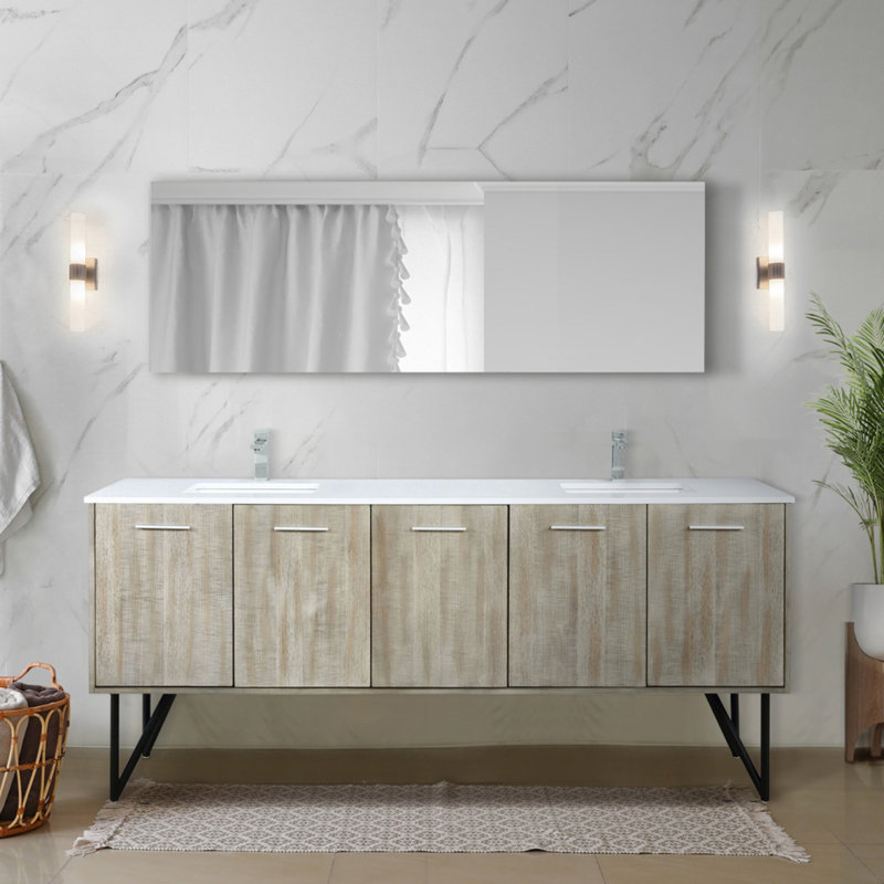 Meuble-lavabo double 80 po Rustic X P 20 po D, dessus en quartz blanc et robinet chromé, Chrome chrome