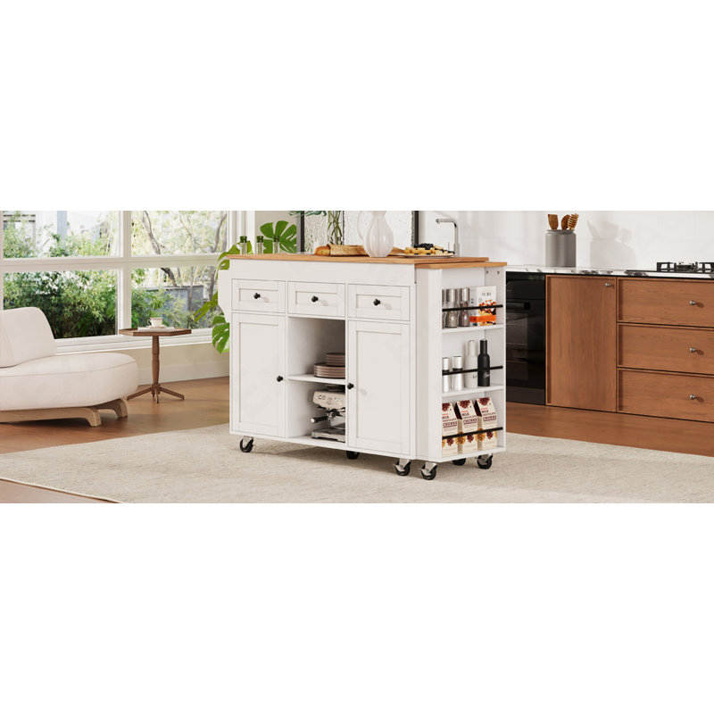 Îlot de cuisine 85,5 po avec table de salle à manger extensible, table de rangement avec 3 tablettes ouvertes latérales, îlot de cuisine roulant avec prise de courant, 3 tiroirs, 2 portes, pour la cuisine, la salle à manger, blanc