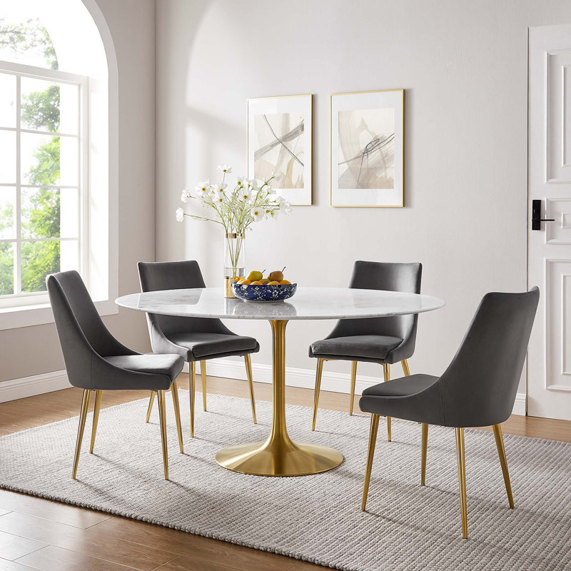  Table de salle à manger en marbre artificiel Lippa, Doré, H 29,5 po x L 60 po x l 60 po, Blanc