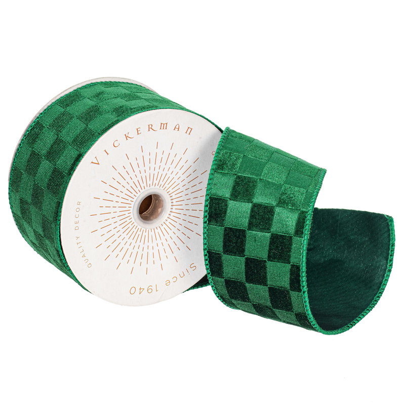 Vickerman 10yd Velvet Checkered Satin Back Ribbon., 0.2" H x 360" W x 2.5" D, Green