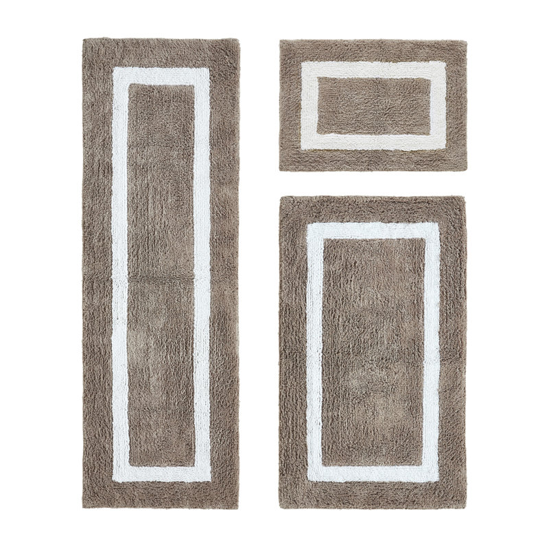 Atle Reversible Cotton Tufted Bath Rug Set, 3PC (17" x 24" | 24" x 40" | 20" x 60"), Beige/White