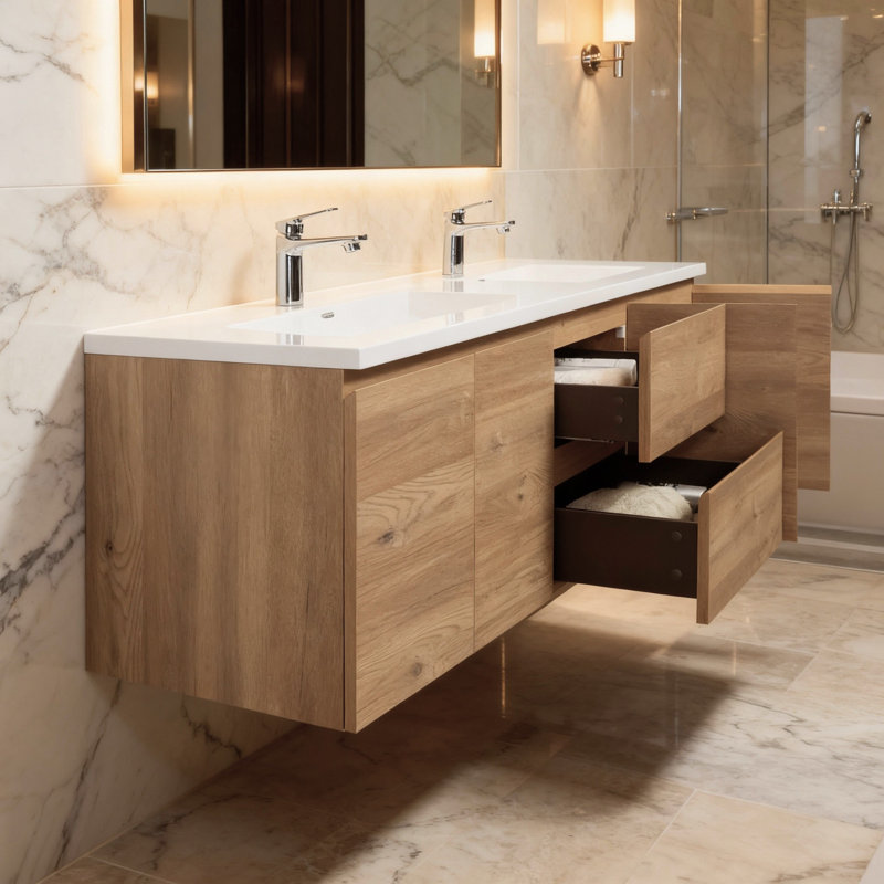 Paza 72 po L x 19 po P 4 portes et 2 tiroirs Meuble-lavabo mural avec évier double et Comptoir en Polymarbre blanc
