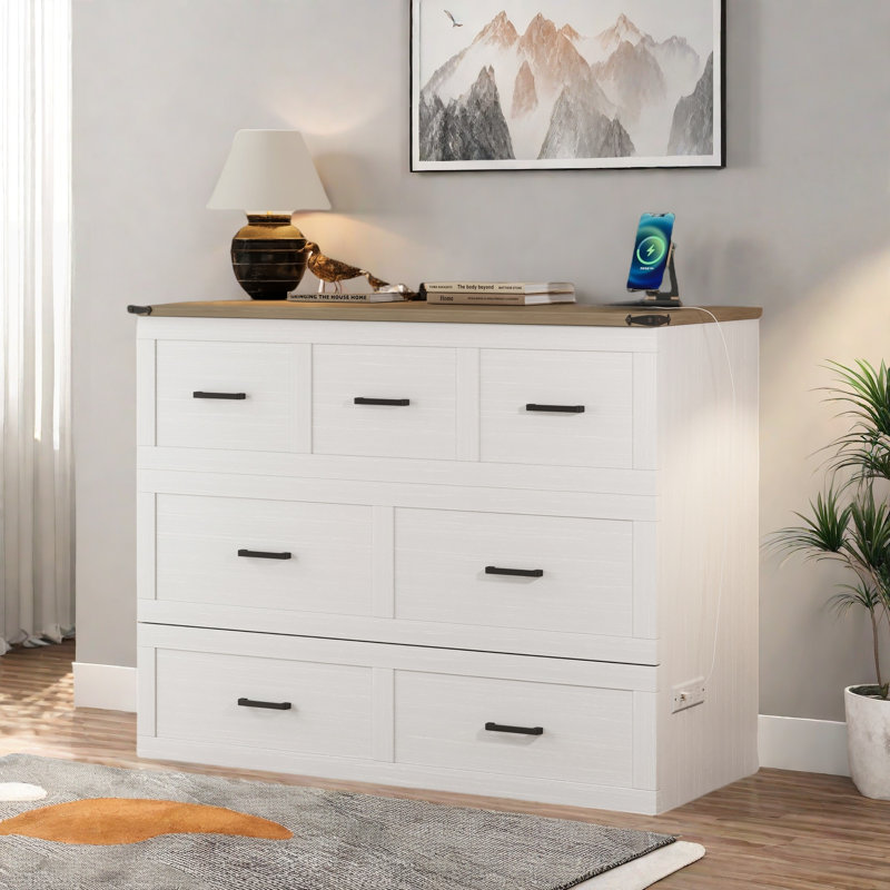 Multi-functional Foldable Murphy Bed  With Charging Station And 1 Large Storage Drawer, White, Full