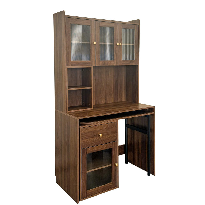 Bureau d'ordinateur avec portes en verre et bureau rotatif à 90 ° - Bureau d'étude avec huche, Brun