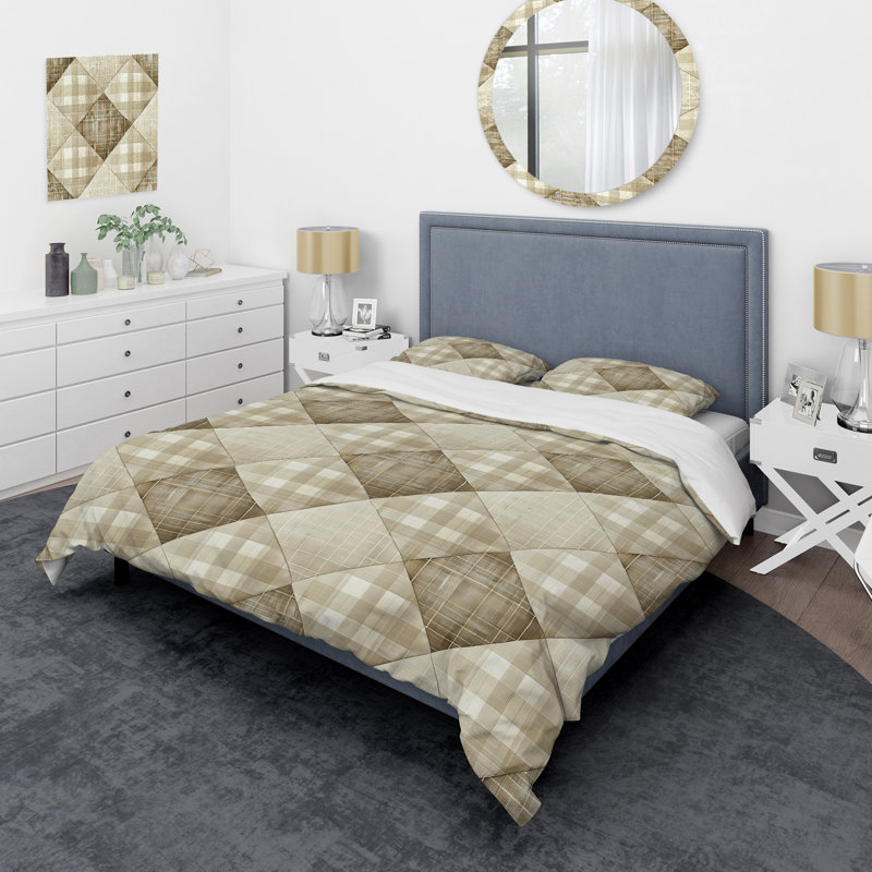 Ensemble de housse de couette moderne beige vichy Modern Gingham II, Housse de couette simple et deux taies décorative