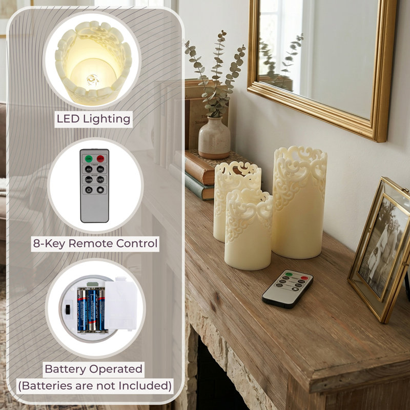 LED Candles with Remote Control – Pack of 3 Realistic Flameless Pillar Lights with Lace Details and Vanilla Scented Wax