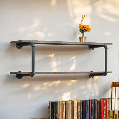 Antique Oak and Sandy Grey 2-Tier Wall Shelf