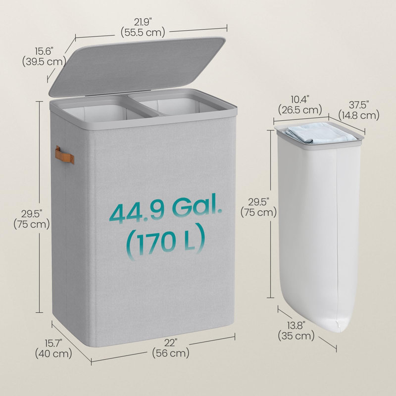 Panier à linge double 44,9 gallons avec couvercle, deux compartiments, sacs et poignées amovibles, panier à linge à assemblage rapide