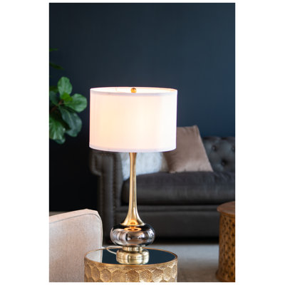 15x29 Inch Modern Glass Table Lamp with Drum Shade - Gray and Golden Accent Lighting for Living Room, Bedroom & Office
