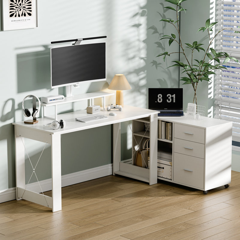 Djerf 55" L-Shaped Wood Computer Desk Multi-Functional Desk with Storage Drawers and Bottom Pulleys