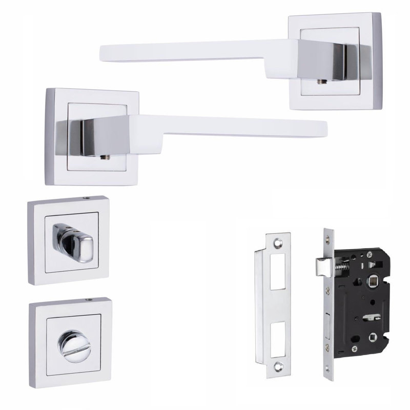 Zeta Premium Design Bathroom Door Handles Set in Polished Chrome Finish with Latch, Dead Bolt and Ball Bearing Hinges