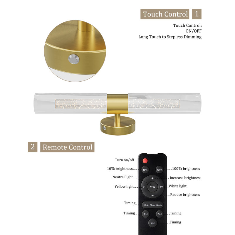 21.5'' Modern Rechargeable Crystal Wall Sconce With Remote, Brushed Gold