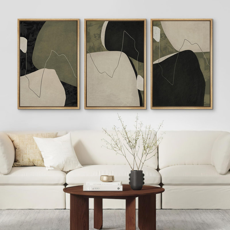 «Mid Century Modern Green Color Block Shapes Abstract Art Decor Chic Room Office», 3 pièces, Naturel, H 24 po x l 16 po