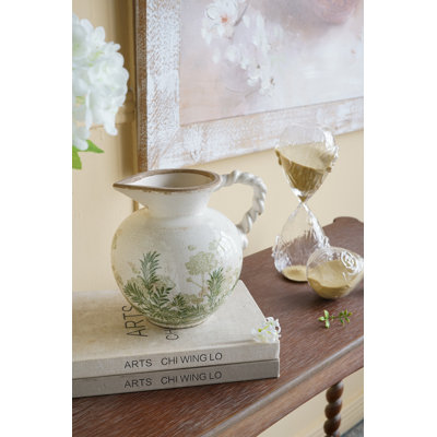 8X6.5X7.5" White Ceramic Pitcher Vase With Green Botanical Motifs And Twisted Handle