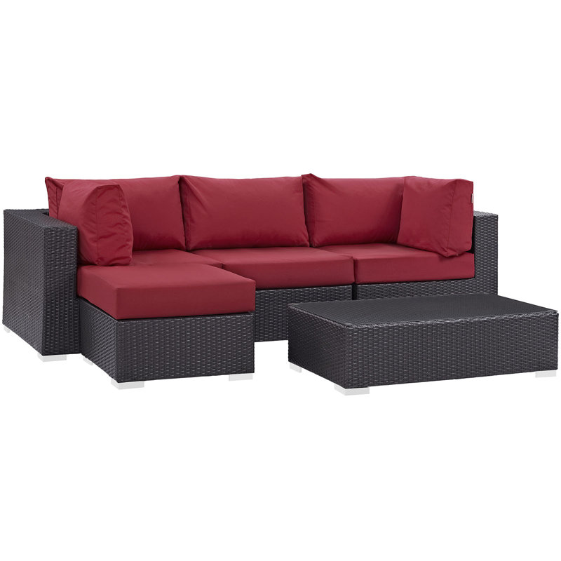 Convene 5 Piece Rattan Sectional Seating Group with Cushions, Red