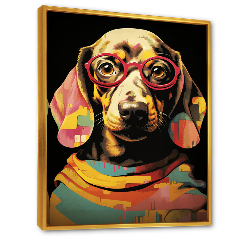 «Curious Popart Daschund Dog II», art mural chien, Cadre flottant doré, H 40 po x l 30 po x P 1,5 po