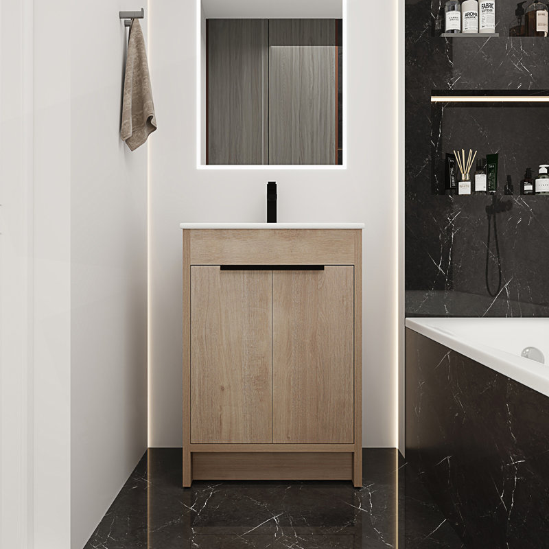 Meuble-lavabo autoportant avec lavabo en céramique et 2 portes d'armoire à fermeture en douceur, armoire d'appoint, 24"
