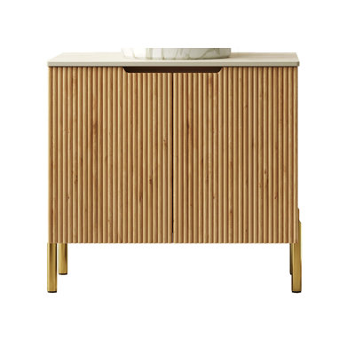 Comptoir 30 po autoportant en pierre frittée à motif de travertin et armoire en grain de bois naturel avec 2 portes