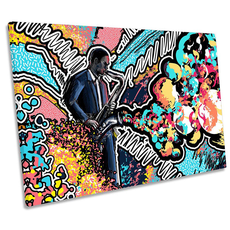 Saxophone Abstract Jazz - Wrapped Canvas Print, 91.4cm H x 137.2cm W 