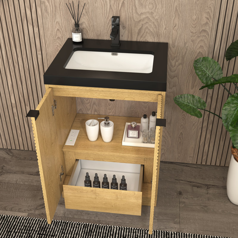 Meuble-lavabo autoportant de 23,6 po Monterey + lavabo en acrylique noir renforcé, Chêne