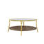 Table basse moderne à 2 niveaux en noyer avec plateau en verre et base dorée pour salon, 29,9 po