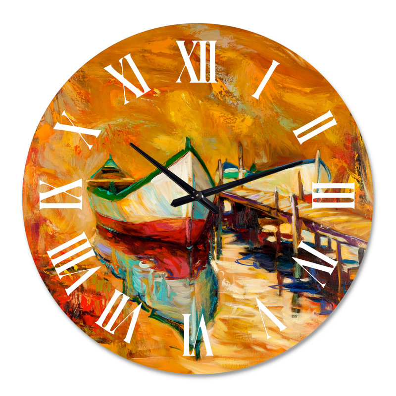 Bateaux blancs et rouges près de la jetée - horloge murale nautique et côtière, Grand