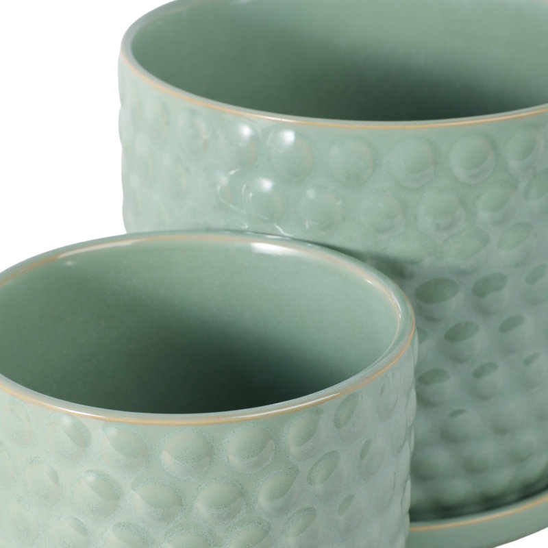 Set Of 2 Ceramic Planters With Textured Bubble Surface And Saucers - Modern Decorative Container Pots For Stylish Indoor Display And Versatile Plant Arrangements