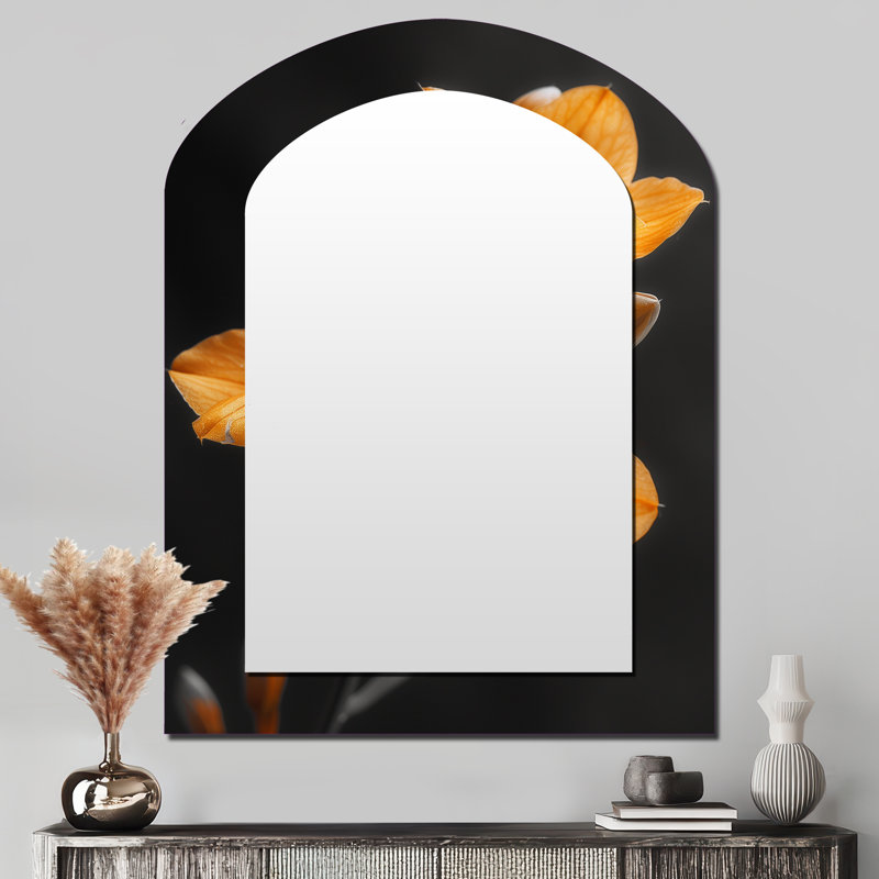 Fragrant Fusion orange black Orchids photo I - Orchid Asymmetrical Unique Wall Mirror Decor, Orange Arch Large Mirror, Printed Metal Art