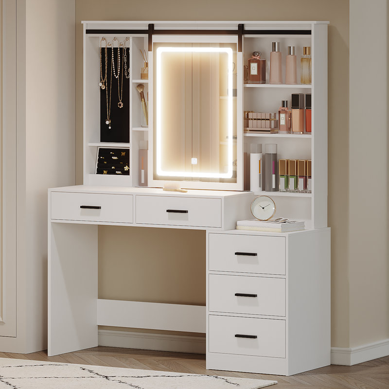 Dressing Table with Adjustable LED Lights, Removable Large Mirror, with Jewellery Storage, Open Shelves, 5 Drawers, with Beside table, for Bedroom
