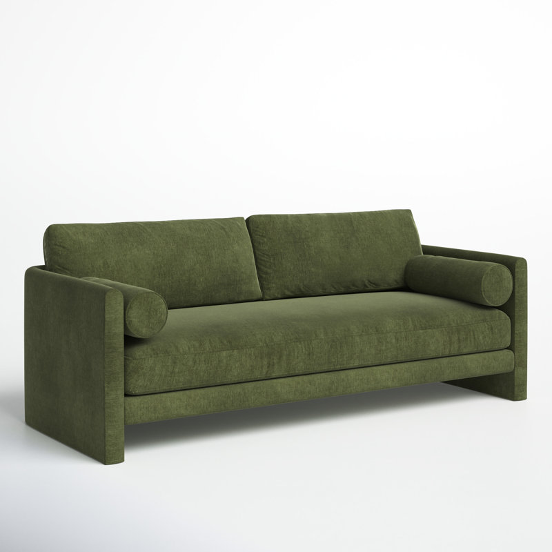 Distressed Green Velvet 90.5'' Upholstered Sofa with Bolster Pillows