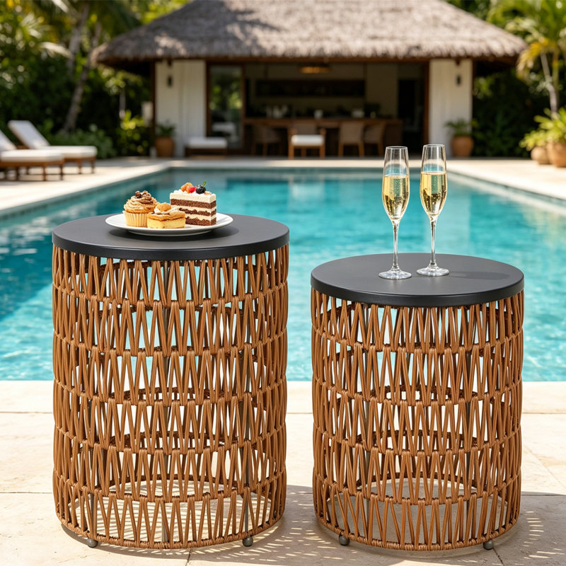 Ensemble de 2 tables d'appoint en plastique de style bohème avec lumière ambiante et télécommande, pour patio, terrasse et jardin