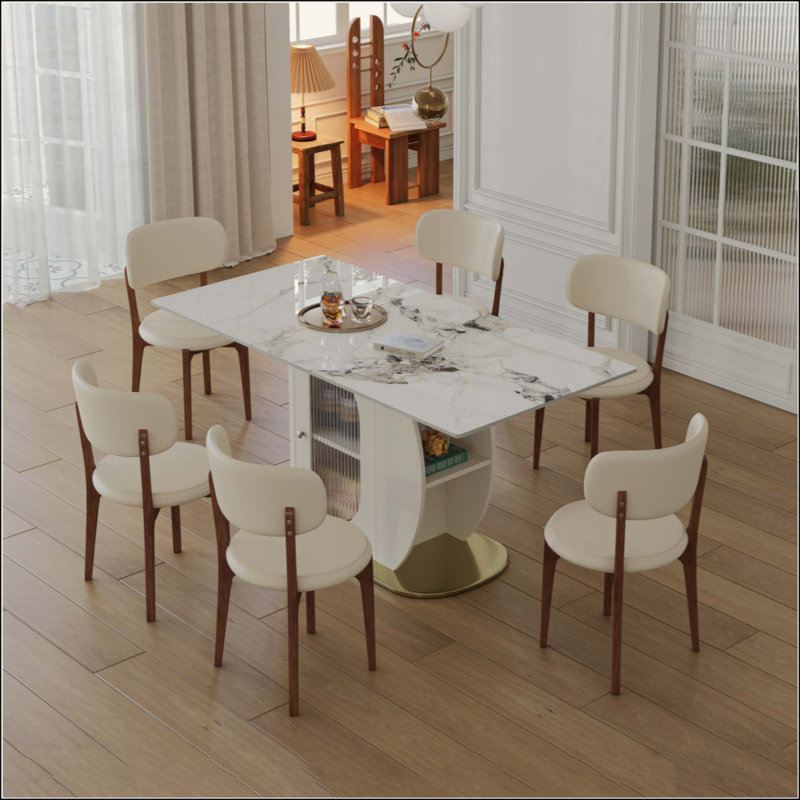Ensemble de table à manger moderne pour 4 à 6 personnes avec rangement, plateau en pierre brûlée et base en bois massif, comprenant 6 chaises en polyuréthane pour la cuisine et les appartements