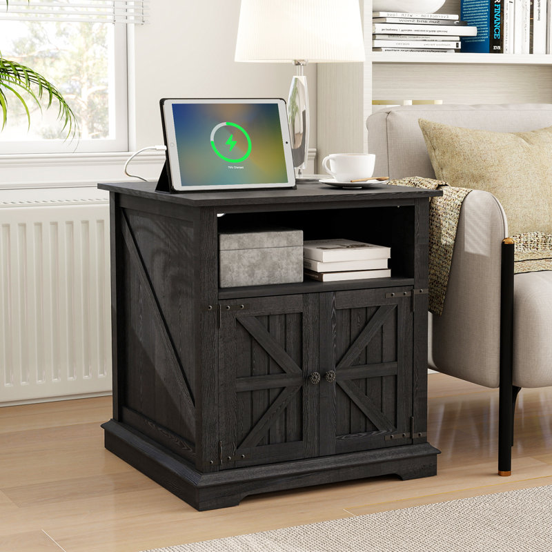 August Grove® Modern Nightstand with Cabinet & Built-In 2 AC Outlets + 2 USB Ports – Farmhouse Style End Table with Barn Door