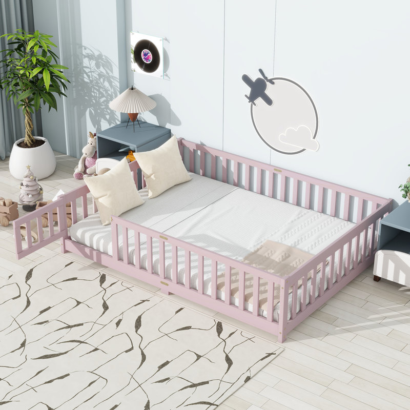 Kids Bed Soild Wood Platform Floor Bed With Safety Guardrails And Door For Bedrooms, Full, Pink