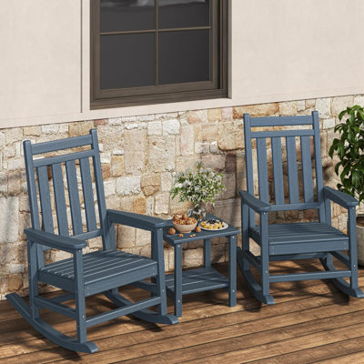 Poly Lumber Rocking Chair Outdoor Set of 2 with Side Table - HDPE High Back Porch Rocker Chairs for Adults - All Weather Resistant Furniture for Patio