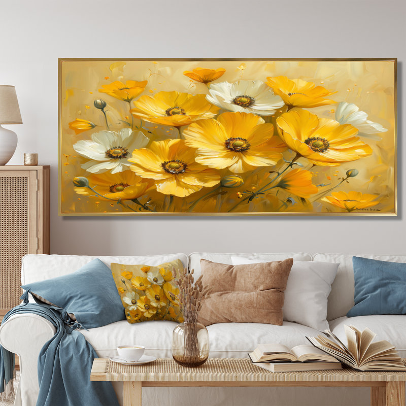 Yellow White Buttercup Grace Flowers I - Buttercups Wall Decor, Gold Floater Framed Canvas, 28" H x 60" W x 1.5" D