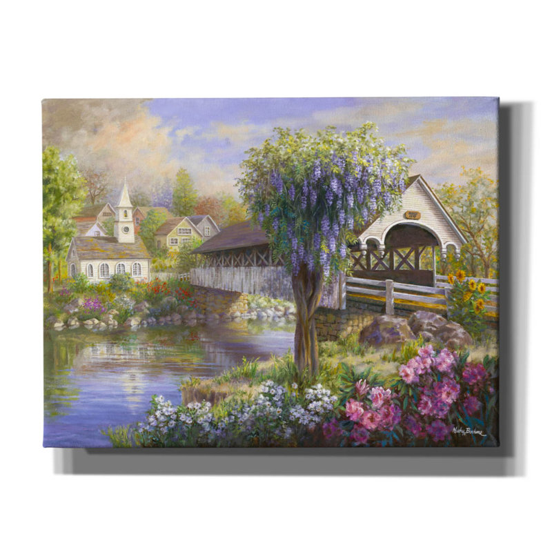 "Epais Graffiti", "pittoresque pont couvert" par Nicky Boehme, art mural sur toile, 34 po x 26 po, H 26 po x l 34 po